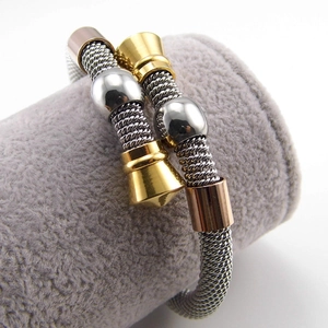 Modern tricolor braided spring cable bracelet in gold silver and rose gold steel