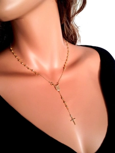 Elegant gold-tone stainless steel rosary cross necklace with beads and virgin mary medal