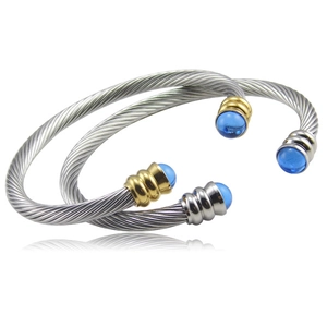Stainless Steel Cable Cuff Bracelet Twisted Wire Bangle With Blue Synthetic Gemstones Unisex Punk Jewelry