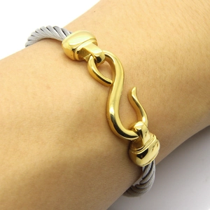 Macro detail of stainless steel twisted cable bracelet with golden hook closure