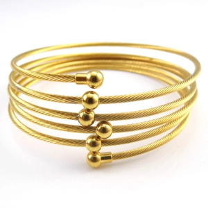 Six-layer gold plated stainless steel cable wire cuff bracelet with polished bead caps