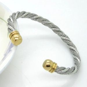 Fashionable braided titanium steel cable cuff bracelet with gold-tone dome-shaped ends