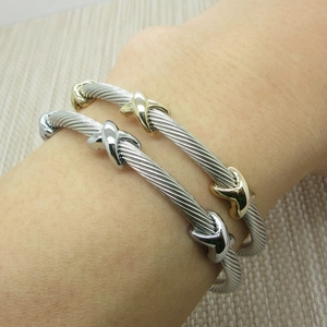 Stainless Steel Twisted Cable Open Cuff Bracelet Vintage Two Tone X Shape Charm Adjustable Bangle For Women Men