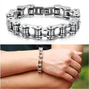 Men's polished stainless steel motorcycle chain bracelet with folding clasp and engraving