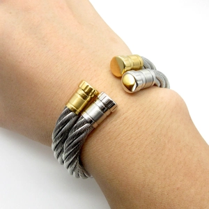 Adjustable spiral cable open bangle in two-tone silver and gold stainless steel finish