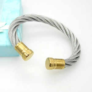 Close-up of twisted steel cable bracelet with gold-tone textured end caps
