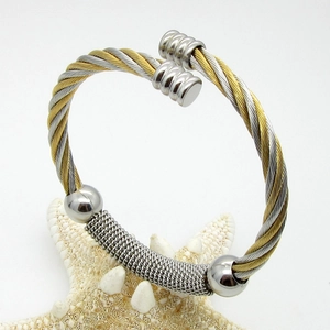Stainless Steel Twisted Cable Open Cuff Bracelet Two Tone Wire Minimalist Adjustable Fashion Jewelry For Women Men