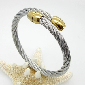 Detail of twisted steel cable bracelet with gold-plated polished metal ends on starfish