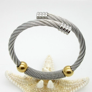 Detail of silver twisted cable bracelet with gold accents on white starfish display