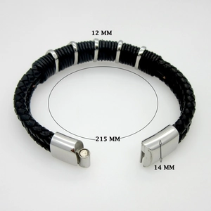Men's double-layered black woven leather bracelet with stainless steel magnetic clasp