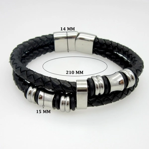 Macro detail of braided leather bracelet with magnetic clasp and 210mm length dimension