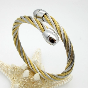 Twisted Cable Cuff Bracelet Titanium Steel Two Tone Open End Minimalist Bangle Jewelry For Men Women