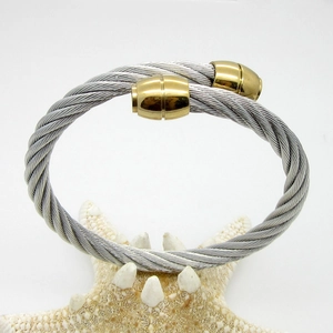 Macro detail of silver twisted steel cable bracelet with gold-tone polished end caps