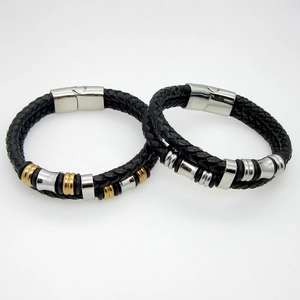 Detail of men's double-layer braided leather bracelet with magnetic steel clasps