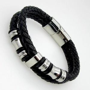 Men Woven Leather Bracelet With Stainless Steel Magnetic Clasp Layered Minimalist Biker Jewelry