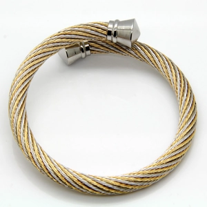 Detail of two-tone braided titanium steel cable bracelet with silver tapered end caps