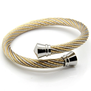 Detail of twisted cable steel bangle in silver and gold dual-tone open design