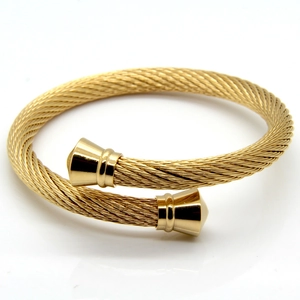 Minimalist gold cable wire open cuff bracelet with polished cone ends in steel