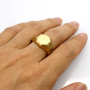 Gold brushed 316L stainless steel octagonal ring for men with side square gem