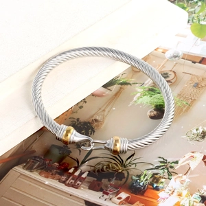 Detailed macro view of silver cable wire bracelet with gold-tone hook and ball ends