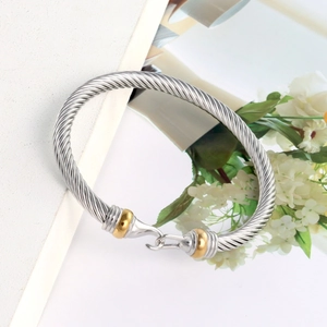 Detail of twisted cable bracelet featuring gold hook clasp on silver stainless steel