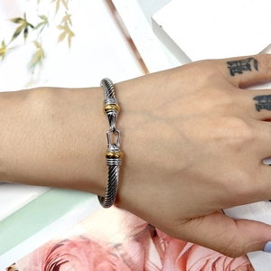 Minimalist titanium steel cable twisted bracelet with two-tone gold hook closure