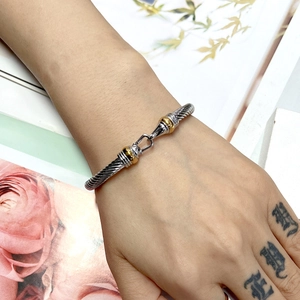 Macro detail of twisted cable steel bracelet with golden accents and secure hook closure