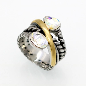 Anello vintage bicolore in acciaio inossidabile con gemme arcobaleno a goccia