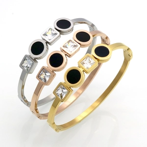 Geometric Bangle Bracelet Titanium Steel Cubic Zirconia Square Clear Stone Black Disc Hinge Clasp Korean Fashion Women Luxury Accessory