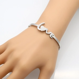 Elegant silver Love heart bangle bracelet in polished and frosted stainless steel