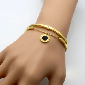 Gouden dubbellaagse titanium stalen armband met hanger met Romeinse cijfers en zirkoon