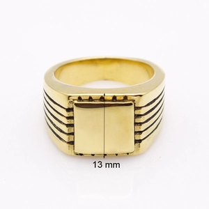 Detail view of 13mm height gold stainless steel square signet ring for men