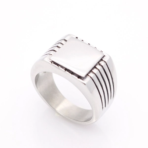 Minimalist square signet ring for men in polished stainless steel with side groove details
