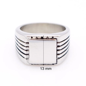 Polished 13mm square signet ring for men in stainless steel with side grooves