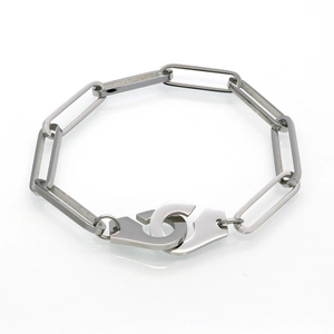Minimalist stainless steel handcuff link bracelet with polished silver finish for men and women