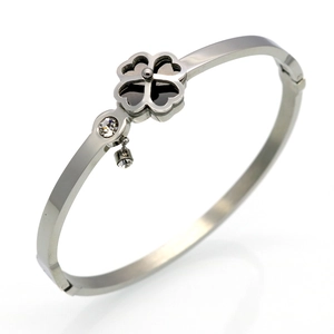 Silver stainless steel clover bangle with black inlay and crystal drop pendant