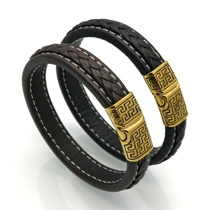 Men Braided Leather Bracelet With Meander Pattern Stainless Steel Magnetic Clasp Vintage Punk Bangle Wristband Jewelry