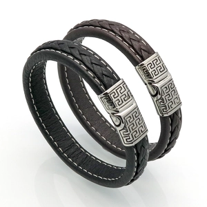 Men's leather bracelets with stainless steel Greek meander magnetic clasp in black and brown
