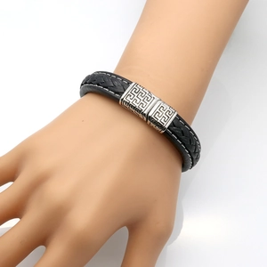 Men's black braided leather bracelet with silver Greek key pattern magnetic clasp
