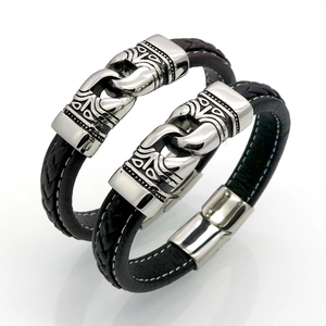 Men Braided Leather Bracelet Stainless Steel Magnetic Clasp Vintage Tribal Engraved Punk Style Jewelry For Boys