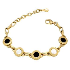 Roman Numerals Round Charm Bracelet Titanium Steel Black White Shell Inlay Adjustable Chain Jewelry