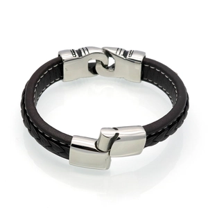 Men's dark brown braided leather bracelet with stainless steel clasp on white background