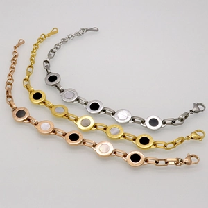 Detailed view of three-color titanium bracelets featuring Roman numerals and shell inlays