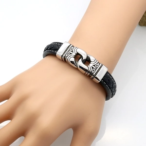 Men's double-layered braided black leather bracelet with ethnic style engraved metal clasp