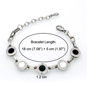 Silver stainless steel chain bracelet with Roman numeral charms and black white shells
