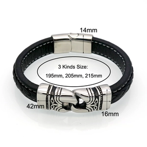 Mens vintage black braided leather bracelet with stainless steel buckle and carved metal charm