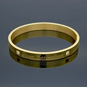 Love Collection Engraved Bangle Stainless Steel Brushed Finish With Cubic Zirconia Inlaid Hinge Bracelet For Couples