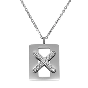 Macro detail of silver rectangle pendant with X-shaped crystals on fine O-chain necklace