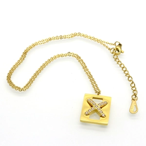Exquisite 18KGP gold rectangular necklace with sparkling X-shaped crystal pavé pendant