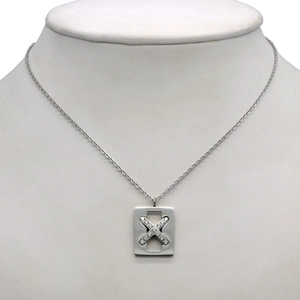 Polished silver stainless steel rectangular X pendant necklace with sparkling zircons